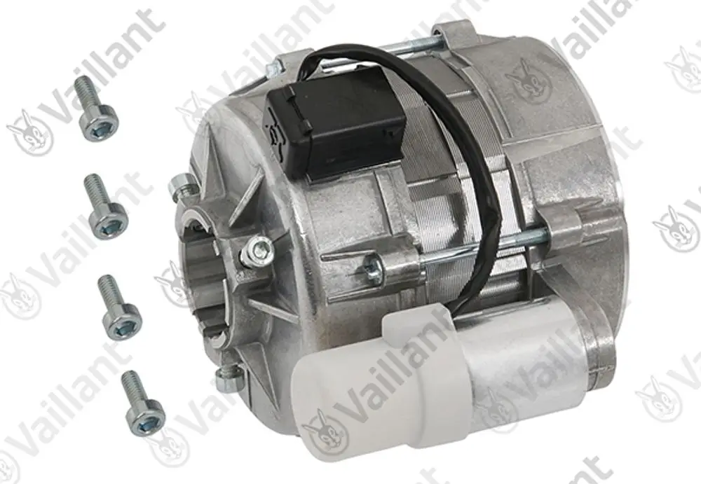 Vaillant Motor, mit einer Anschlussdose und einem seitlichen Schlauchanschluss. Dazu gehören mehrere Schrauben für die Montage.